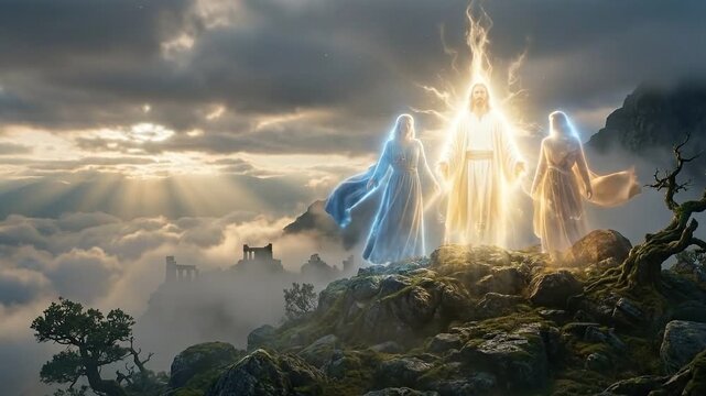 Two glowing ancient figures appearing beside a radiant central leader on a misty mountain peak