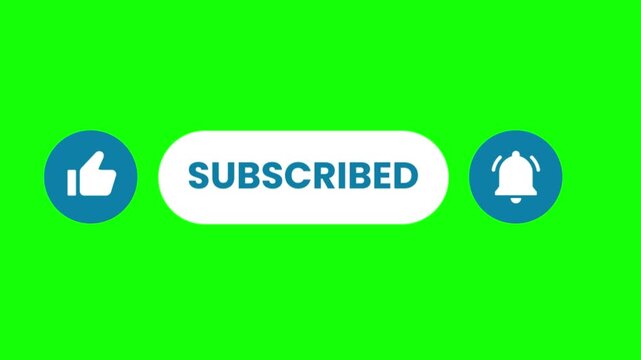 Animated graphic overlay displaying the process of liking a video subscribing to a channel and activating the notification bell all against a bright green screen background for easy editing.