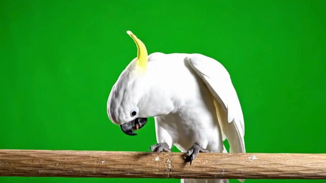 White cockatoo parrot perched on a branch isolated on a green screen background studio shot for wildlife and pet concepts