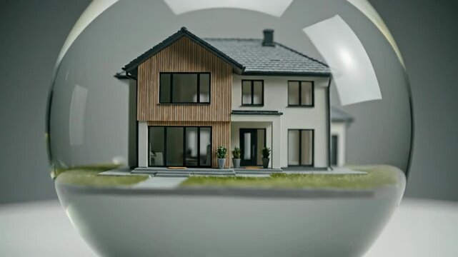 A detailed model of a two-story house featuring wood and white facades enclosed within a clear glass sphere on a patch of green grass against a plain background