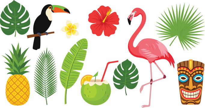 Tropical Jungle Icons Set with Flamingo Toucan Pineapple Palm Leaves and Exotic Elements Illustration