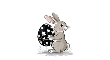 Obraz premium Adorable illustrated bunny rabbit holding a large decorative black and white floral patterned easter egg