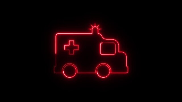 Neon Out Line ambulance icon animation. Glowing Medical rescue service motion. Ambulance emergency service 4k video footage.