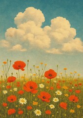 Fototapeta premium Vibrant floral field under clouds.