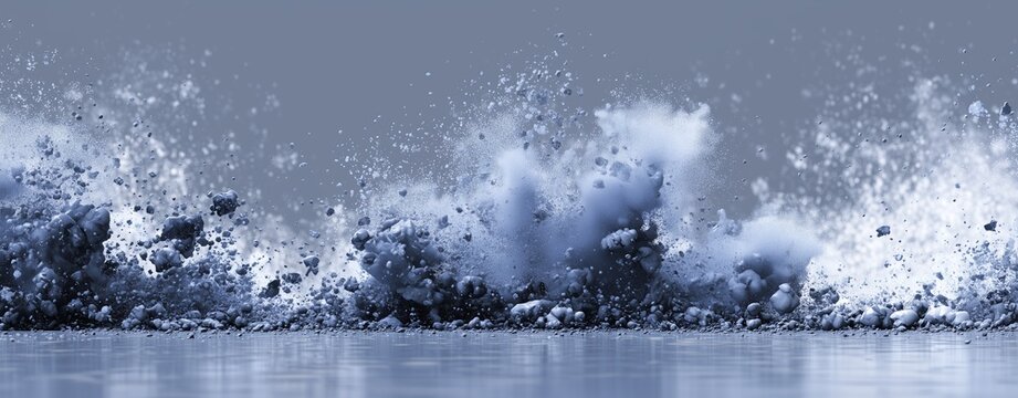 Explosive Impact: Witness the raw power of an instantaneous burst. A cascade of ice shatters across a polished surface, evoking themes of destruction, energy, and abrupt change. 