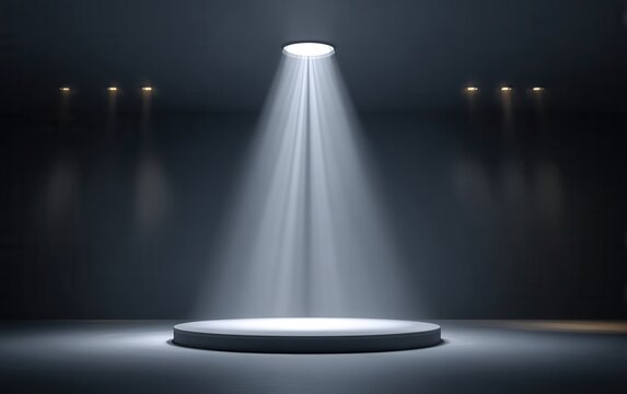 Escenario oscuro con un haz de luz blanca brillante iluminando un podio circular vac&iacute;o en el centro de un estudio minimalista y dram&aacute;tico.