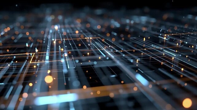 Cinematic abstract digital network data flow, illustrating futuristic technology and global connectivity with glowing lines and particles