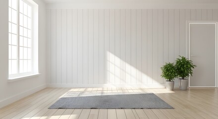 Bright Minimalist Interior Room with Wood Floor, Large Window, and Potted Plants - Empty Space for Home Decor or Product Mockup
