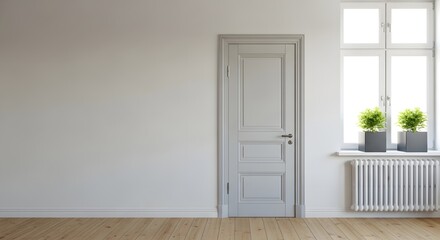 Bright Modern Interior Room with Elegant Grey Door, Large Window, and Hardwood Floor