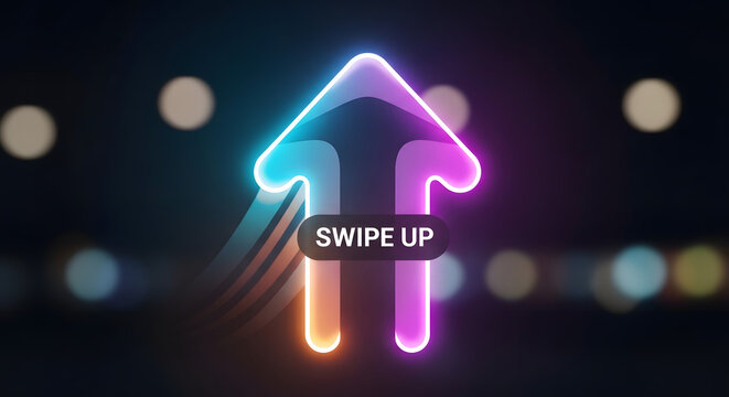 Neon arrow pointing upwards with swipe up text on a dark background.