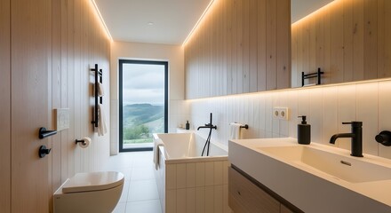 Modern Minimalist Bathroom Interior with Scenic Nature View, Bathtub, and Wooden Walls