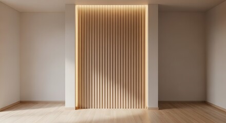 Modern Minimalist Empty Room Interior with Illuminated Wooden Slat Feature Wall