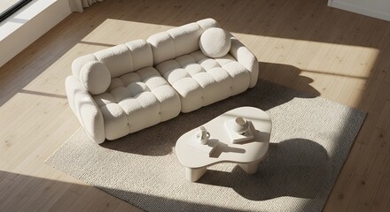 Modern Living Room Interior with White Boucl? Sofa, Minimalist Coffee Table, and Sunlight Shadows