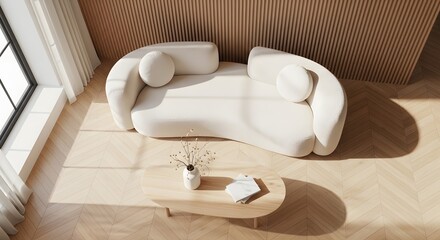 Stylish Overhead View of Modern Living Room with White Sofa, Wood Accents, and Natural Light