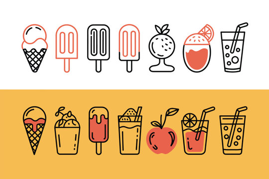 Ice cream icon set with various colorful summer treats and drinks