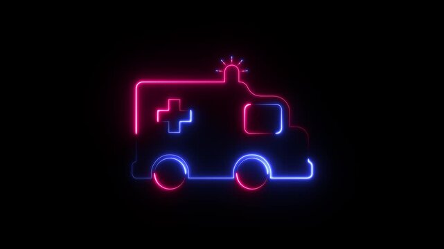 Neon Out Line ambulance icon animation. Glowing Medical rescue service motion. Ambulance emergency service 4k video footage.