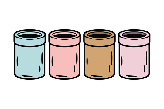 A colorful illustration of four cylindrical containers in different pastel colors