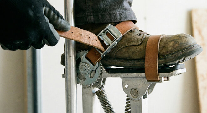 Construction worker fastening leather strap on metal drywall stilt