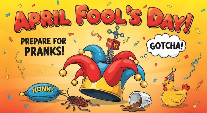 April fool's day cartoon illustration with jester and prank elements