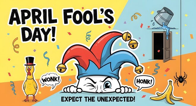 April fool's day cartoon with jester and prank elements
