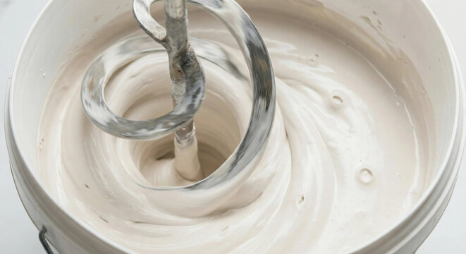 Spiral mixing paddle spinning wet drywall joint compound in a bucket.