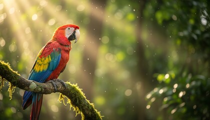 Vibrant macaw perched on mossy branch in lush rainforest