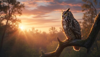 Majestic owl perched on tree branch at sunset in forest