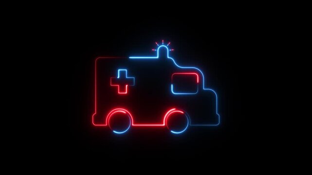 Neon Out Line ambulance icon animation. Glowing Medical rescue service motion. Ambulance emergency service 4k video footage.