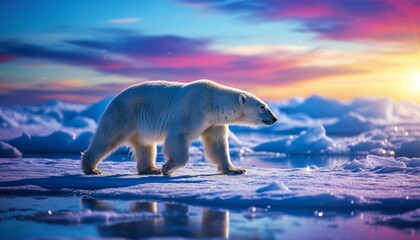 Majestic polar bear roaming Arctic ice at sunset