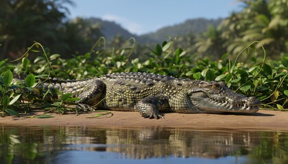 Large crocodile resting on riverbank surrounded by lush greenery