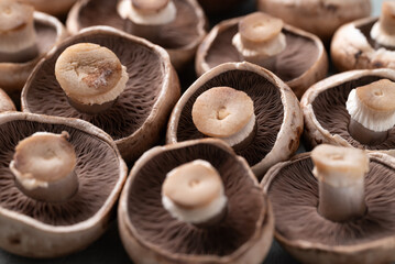 Close up of fresh crimini mushroom or baby bella mushroom background