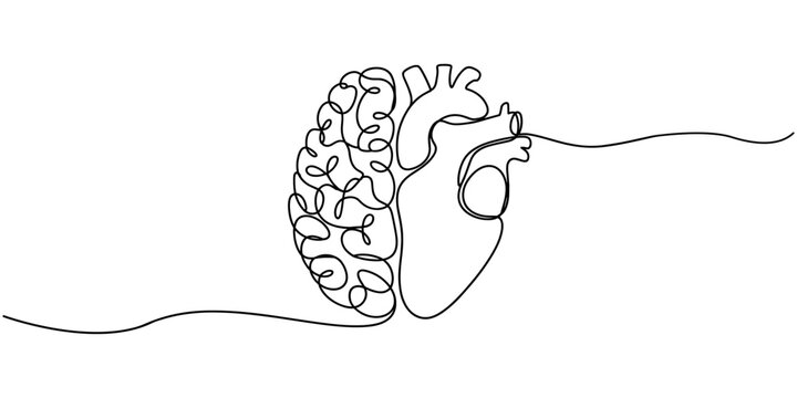 One continuous line drawing of half human brain and love heart shape logo icon. Psychological split affection logotype symbol template concept. Human brain and heart continuous one line art drawing.