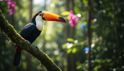 Vibrant toucan perched on mossy branch in lush tropical rainforest with colorful flowers