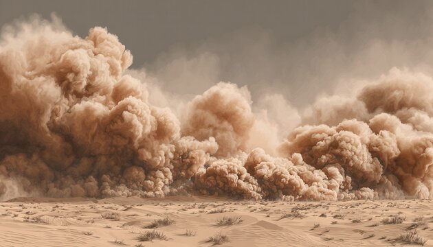Impresionante tormenta de polvo haboob barriendo el terreno des&eacute;rtico con nubes masivas de arena en movimiento bajo un cielo atmosf&eacute;rico.