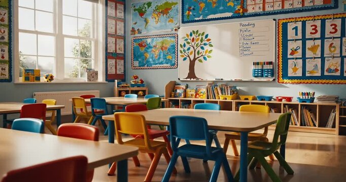 Bright and colorful classroom setting with educational posters and learning materials visible