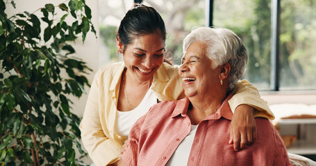 Laugh, senior mom and woman in home with smile, love or hug together in living room. Funny, elderly...
