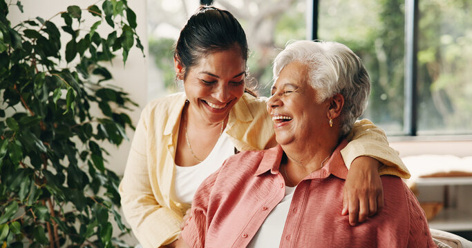 Laugh, senior mom and woman in home with smile, love or hug together in living room. Funny, elderly mama and adult daughter with happy family, connection and embrace with parent on mothers day