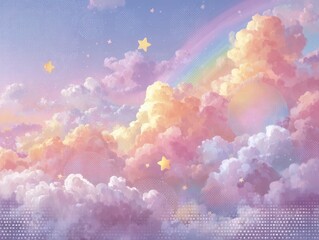 Naklejka premium Pastellfarbene Wolken mit Sternen und Regenbogen am Himmel, verträumte Atmosphäre