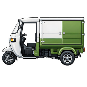Gr&uuml;n wei&szlig;e Lastenrikscha mit geschlossener Transportbox f&uuml;r urbane Lieferungen