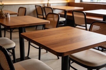 Mid Century Restaurant Table Mockup with Clean Empty Surface in Realistic Retro Indoor Dining Setting
