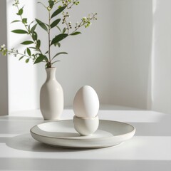 Elegant minimalist still life with a single white egg in an egg cup, set against natural light and greenery