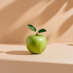 Vibrant Green Apple Bathed in Sunlight with Elegant Leaf Shadows