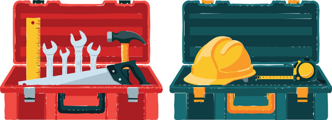 Toolboxes with Tools and Safety Gear Illustration for Construction, DIY, and Repair Work