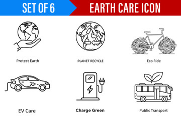 Obraz premium A conscious and informative set of line art illustration icons for earth care and sustainability featuring green transportation options and renewable energy solutions.
