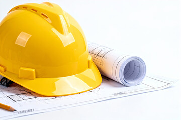 Construction helmet and blueprints