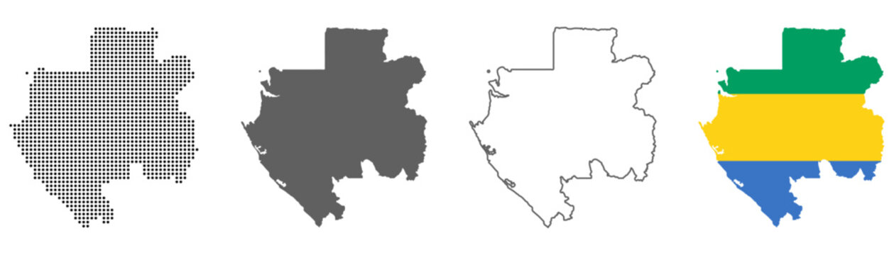 Gabon country map vector set with dotted pattern solid silhouette outline and national flag illustration