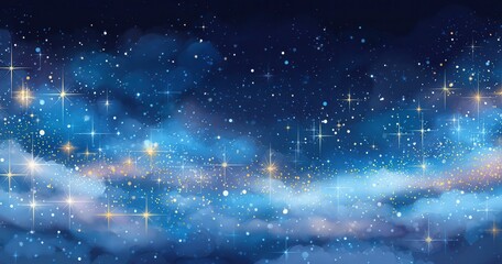 Ein magischer Nachthimmel mit funkelnden Sternen und leuchtenden Wolken in Blautönen.