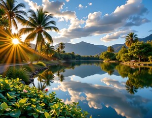 Golden Sunrise Over Serene Tropical Lake