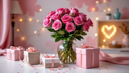 Romantic Pink Roses and Gift Boxes with Heart Lights