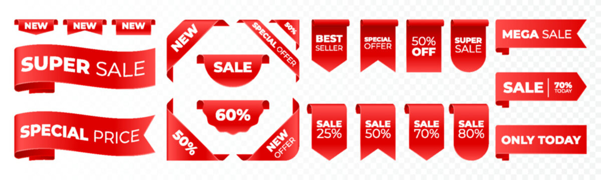 Red tag collection featuring sale and new labels. Includes red scrolls, banners, discount ribbons, shopping tags, and promotional icons.